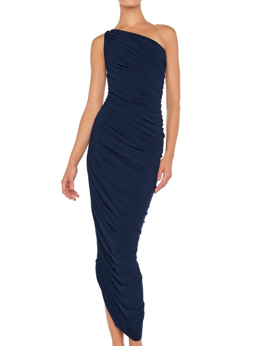 Norma Kamali One-Shoulder Navy Ruched Gown